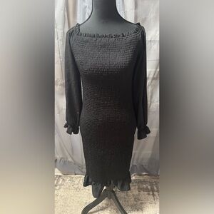 Baltic Born Black Smocked Sheath Dress with Bishop Sleeves